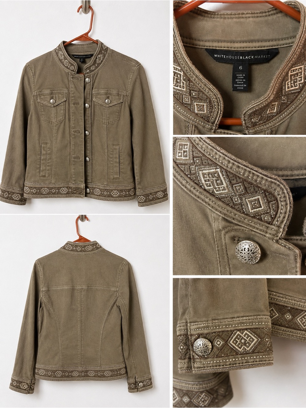 White House Black Market Embellished Military Jacket Size 6 Olive Boho Utility